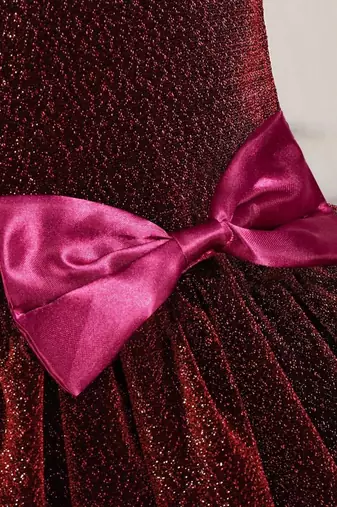 Wine red glitter shimmer net one shoulder party wear kids frock