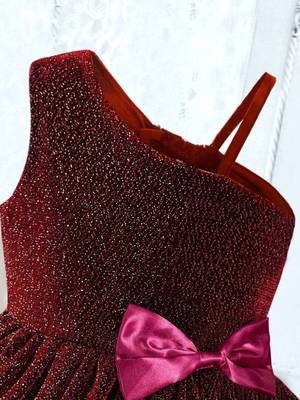 Wine red glitter shimmer net one shoulder party wear kids frock 4