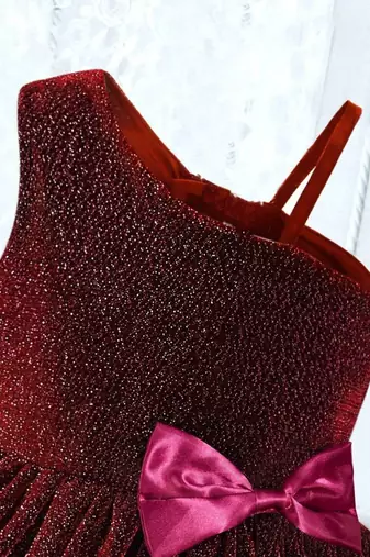 Wine red glitter shimmer net one shoulder party wear kids frock