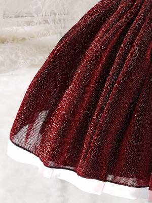 Wine red glitter shimmer net one shoulder party wear kids frock 5
