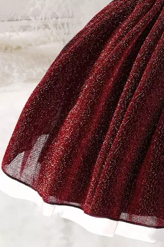 Wine red glitter shimmer net one shoulder party wear kids frock