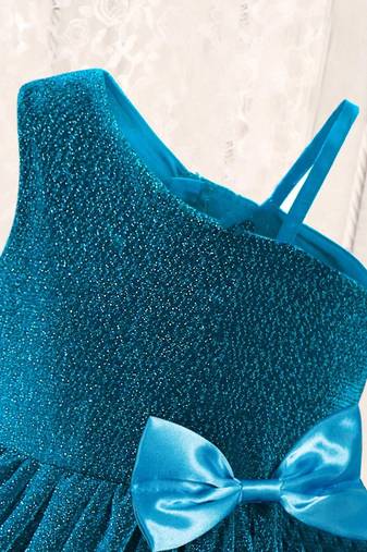 Blue glitter shimmer net one shoulder party wear kids frock