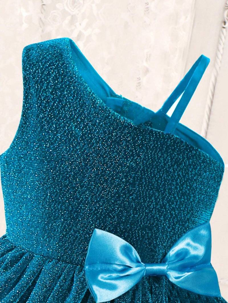 Blue glitter shimmer net one shoulder party wear kids frock