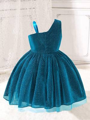 Blue glitter shimmer net one shoulder party wear kids frock 2