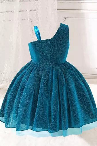 Blue glitter shimmer net one shoulder party wear kids frock