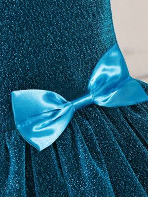 Blue glitter shimmer net one shoulder party wear kids frock 3