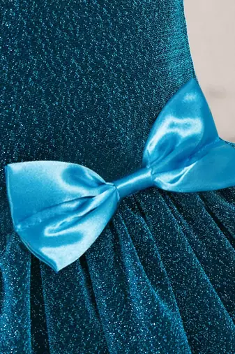Blue glitter shimmer net one shoulder party wear kids frock