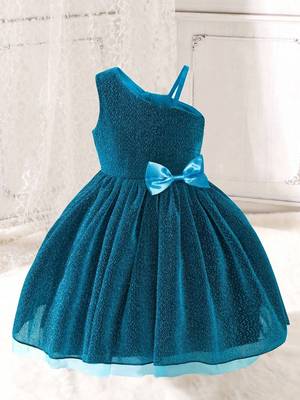 Blue glitter shimmer net one shoulder party wear kids frock 4