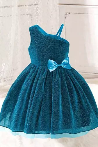 Blue glitter shimmer net one shoulder party wear kids frock