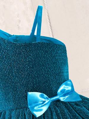 Blue glitter shimmer net one shoulder party wear kids frock 5