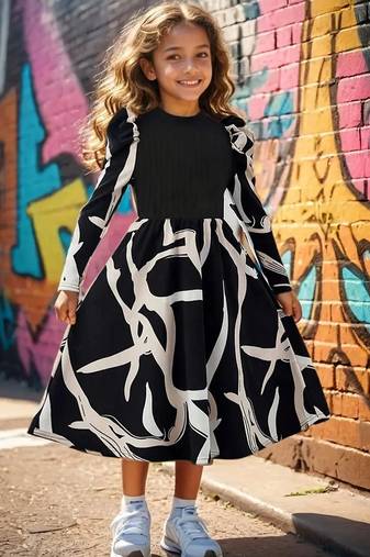 Black & white printed cotton blend casual flared kids midi dress