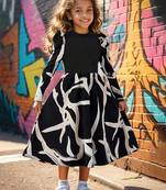 Black & white printed cotton blend casual flared kids midi dress