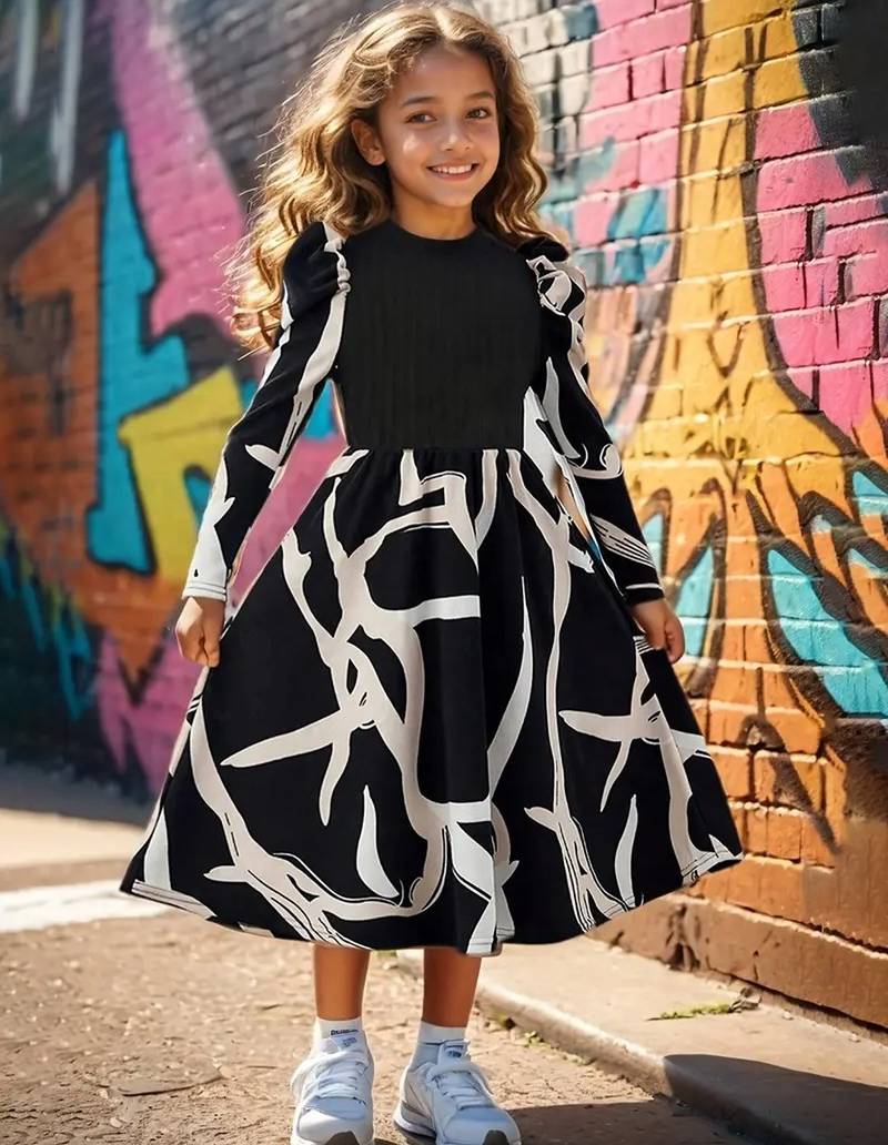 Black & white printed cotton blend casual flared kids midi dress