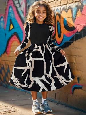 Black & white printed cotton blend casual flared kids midi dress 2