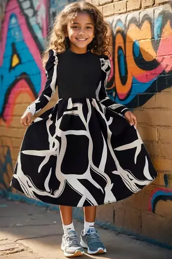 Black & white printed cotton blend casual flared kids midi dress