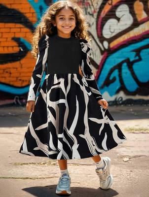 Black & white printed cotton blend casual flared kids midi dress 3