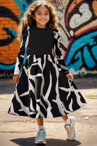 Black & white printed cotton blend casual flared kids midi dress