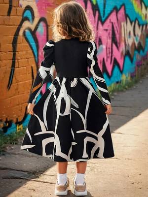 Black & white printed cotton blend casual flared kids midi dress 4