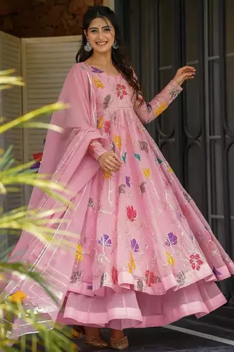 Heavygeorgette embroidered gown sharara set with dupatta