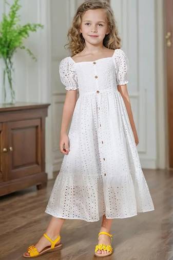 White embroidered cotton puff sleeve maxi girls dress