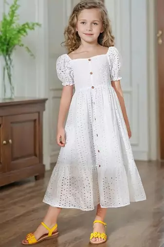White embroidered cotton puff sleeve maxi girls dress