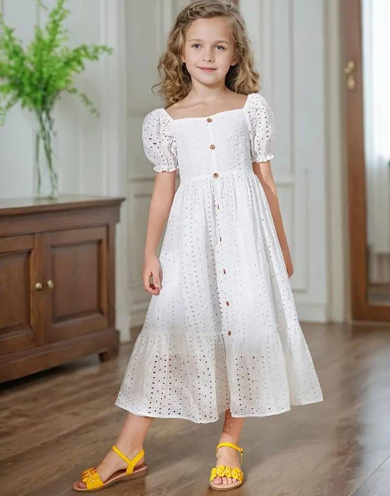 White embroidered cotton puff sleeve maxi girls dress