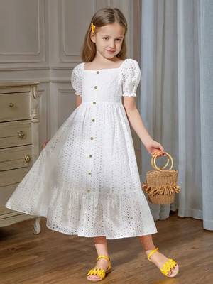 White embroidered cotton puff sleeve maxi girls dress 2