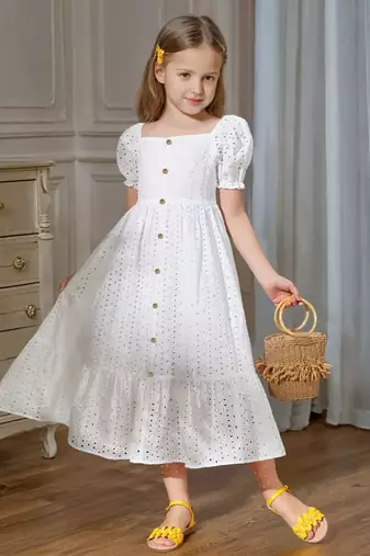 White embroidered cotton puff sleeve maxi girls dress