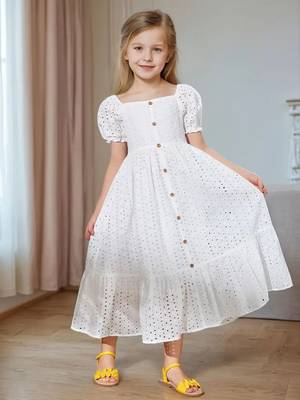 White embroidered cotton puff sleeve maxi girls dress 3