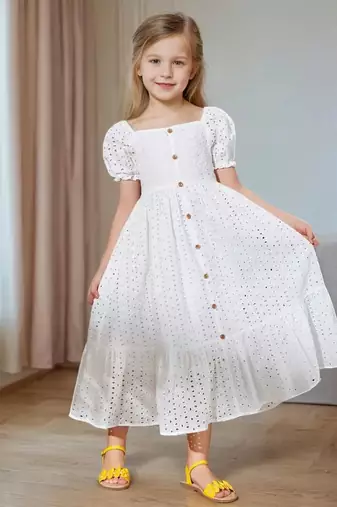 White embroidered cotton puff sleeve maxi girls dress