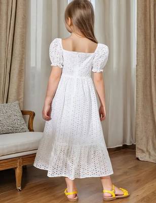 White embroidered cotton puff sleeve maxi girls dress 4