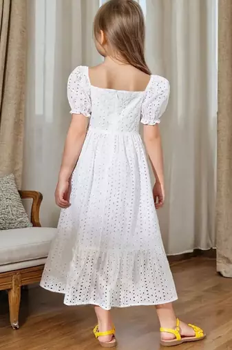 White embroidered cotton puff sleeve maxi girls dress