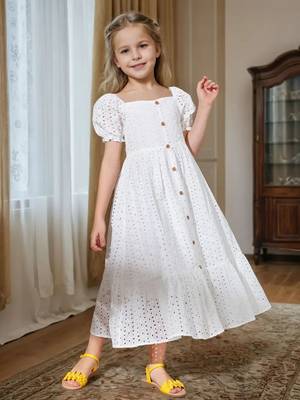 White embroidered cotton puff sleeve maxi girls dress 5