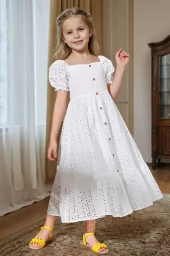 White embroidered cotton puff sleeve maxi girls dress