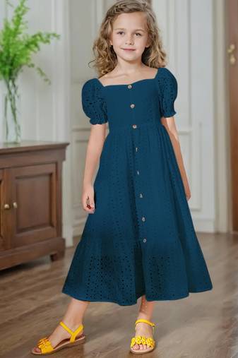 Blue embroidered cotton puff sleeve maxi girls dress