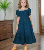 Blue embroidered cotton puff sleeve maxi girls dress
