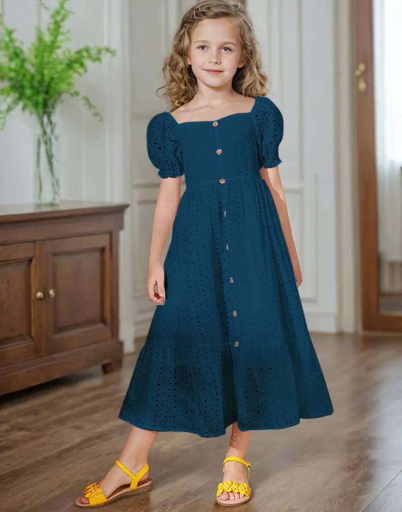 Blue embroidered cotton puff sleeve maxi girls dress