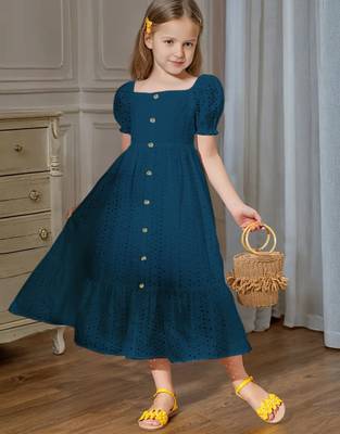 Blue embroidered cotton puff sleeve maxi girls dress 2