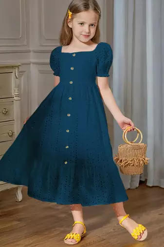 Blue embroidered cotton puff sleeve maxi girls dress