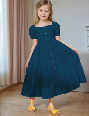 Blue embroidered cotton puff sleeve maxi girls dress 3