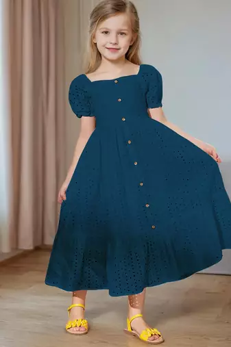 Blue embroidered cotton puff sleeve maxi girls dress
