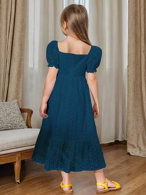 Blue embroidered cotton puff sleeve maxi girls dress 4