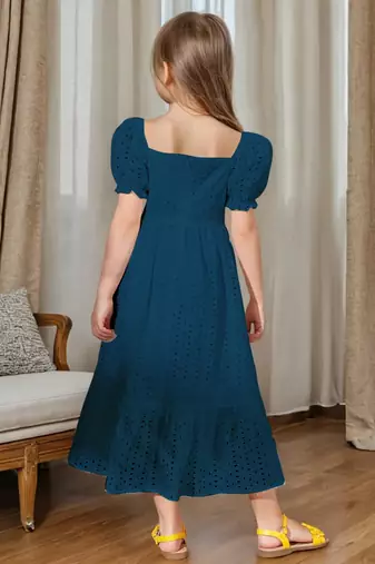 Blue embroidered cotton puff sleeve maxi girls dress