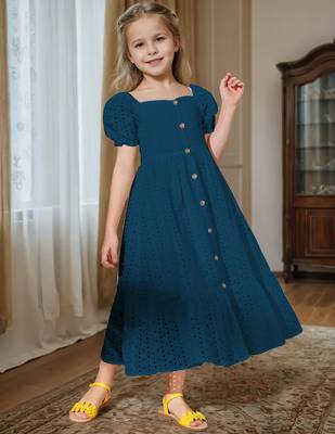 Blue embroidered cotton puff sleeve maxi girls dress 5
