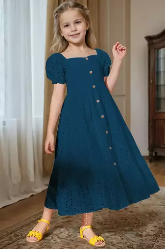 Blue embroidered cotton puff sleeve maxi girls dress