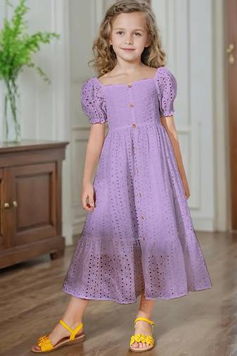 Purple embroidered cotton puff sleeve maxi girls dress
