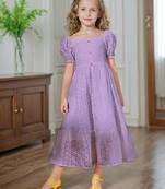 Purple embroidered cotton puff sleeve maxi girls dress