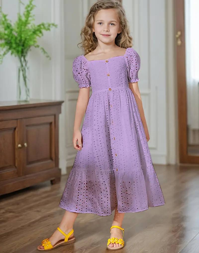 Purple embroidered cotton puff sleeve maxi girls dress