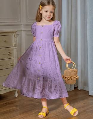 Purple embroidered cotton puff sleeve maxi girls dress 2