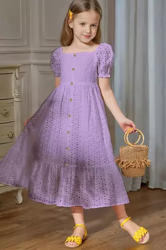Purple embroidered cotton puff sleeve maxi girls dress
